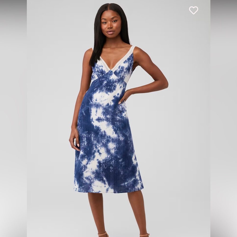 Line and dot Elegant Blue and White Fay Lace Trim Tie-Dye Midi Dress Size Small